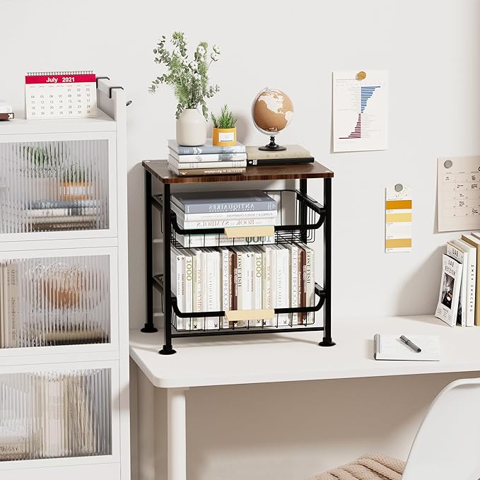Fruit Vegetable Basket for Kitchen,3 Tier Pantry Organizer with Wheels,Snack cart with Wood Top,Metal Wire Storage Basket Organizer Baskets for Kitchen, Pantry, Bathroom