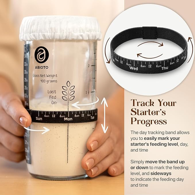 Sourdough Starter Kit, Includes 24 oz Sourdough Starter Jar with Metallic Lid, Silicone Spatula, Feeding Tracker, Extra Thermometer Strips & Breathable Covers - Sourdough Bread Starter Kit