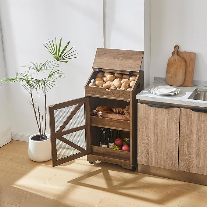 Potato Storage Bin, Large Movable Bread Box with Lid, 3 Tier Vegetable Organizer Cabinets, Decorative Fruit and Vegetable Box for Kitchen (Walnut)