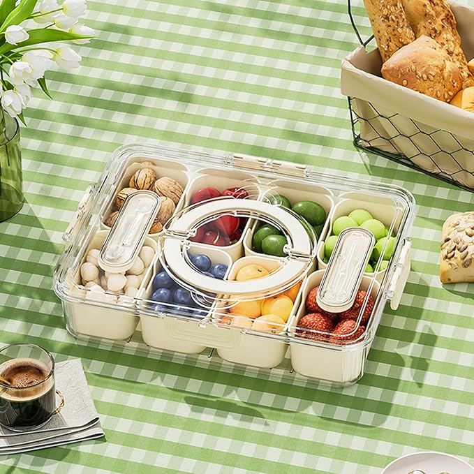 2 Pack Divided ServingTray with lid and Handle, 8 & 4 Compartments Snackle Box with Utensils, Fridge Food Veggie Condiment Storage, Kitchen Clear Food Container for Picnic, Camping, School