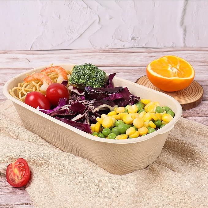 JAYEEY 34 oz Disposable salad bowls with lids, Sugarcane Fiber Paper Bowls take away food containers meal prep food storage deli container 50 Pack