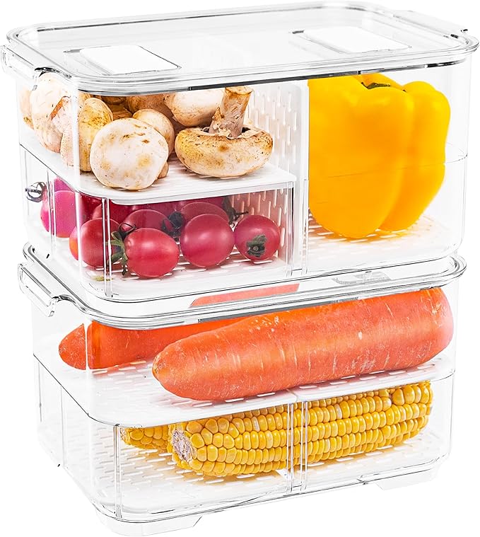 elabo Fruit Storage Containers Fridge Produce Saver -Stackable Refrigerator Organizer Storage and Colander Container with Lids and Removable Drain Tray for Veggie, Berry and Fruits, 2 Large