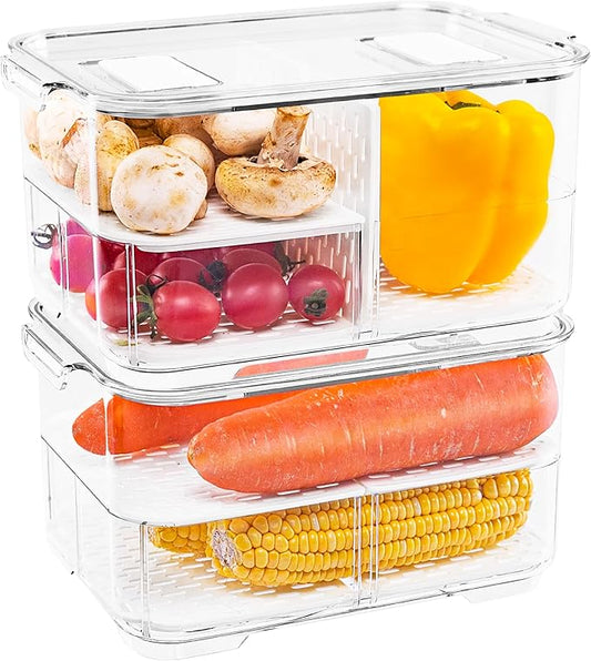 elabo Fruit Storage Containers Fridge Produce Saver -Stackable Refrigerator Organizer Storage and Colander Container with Lids and Removable Drain Tray for Veggie, Berry and Fruits, 2 Large