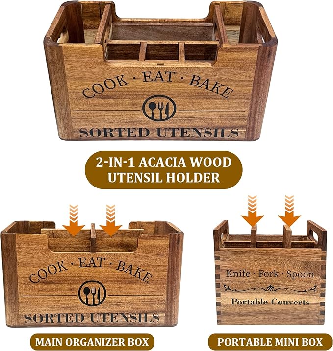 2-in-1 Upgraded Design Kitchen Utensil Holder,Acacia Wood Utensil Holder for Kitchen Counter, Large Utensil Holder with Removable Portable Organizer for Classified Storage,Ideal for Kitchen Use