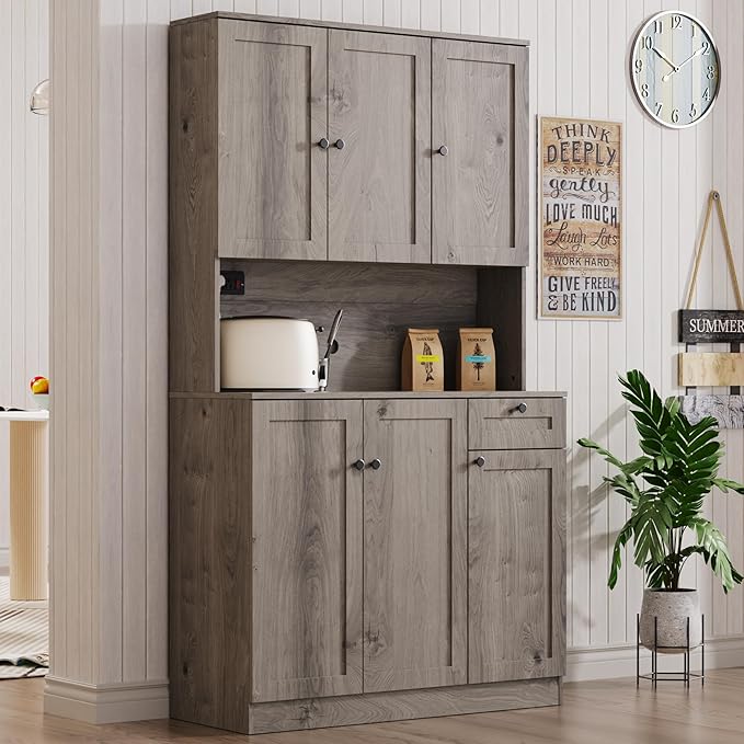 71" Pantry Cabinet with Charging Station, Tall Kitchen Pantry Storage Cabinet with Microwave Stand, Farmhouse Kitchen Hutch with Storage Drawer for Living Room, Dining Room, Ash Grey