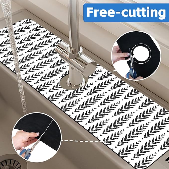 Bohemian Ethnic Herringbone Dish Drying Mat for Kitchen Sink Splash Guard Behind Faucet Sink Mat Absorbent Fast Drying Faucet Draining Mat for Bathroom Kitchen 5.5"×24"