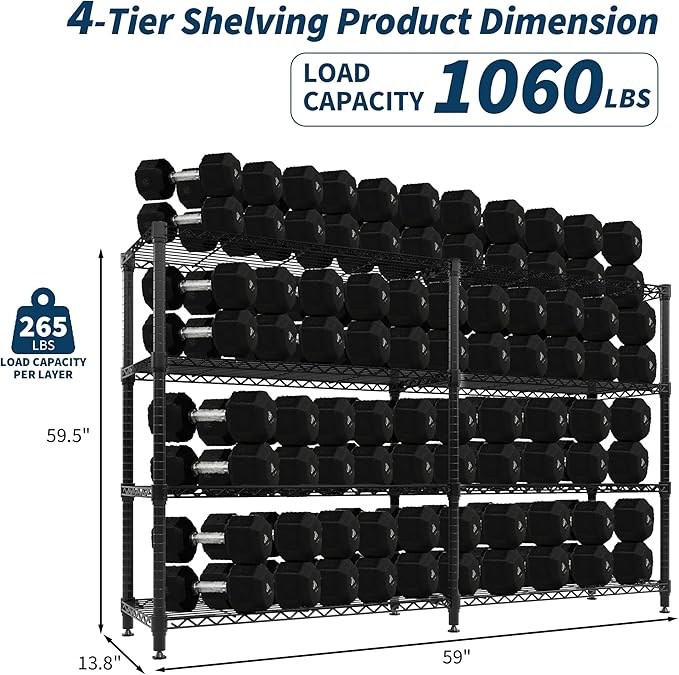 4-Tier Metal Shelving Unit, Heavy Duty Storage Shelves Adjustable Garage Shelf, Easy Assembly, for Basement, Kitchen & Pantry Room Organization, 13.8" D x 60" W x 59.5" H
