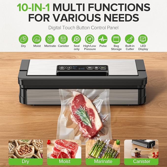 95kPa Vacuum Sealer Machine, Fully Automatic Food Sealer, Touch Display, 10-in-1 Functions & Powerful Sealing System with Double Heat Seal, Easy-Lock Handle, Built-in Cutter(Black)