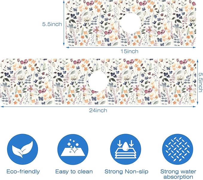 Vintage Watercolor Floral Kitchen Sink Splash Guard Mat Absorbent Fast Drying Mat Faucet Draining Mat Sink Splash Guard Behind Faucet Drip Catcher for Kitchen Bathroom 5.5"×15"