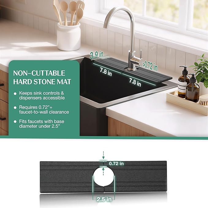 Stone Faucet Mat for Kitchen Sink Splash Guard 15.7" x 3.9" with 2.5" Center Hole | Dark Grey Diatomite Drying Stone Mat | Non-Slip Stone Tray for Kitchen Counter with Premium Texture