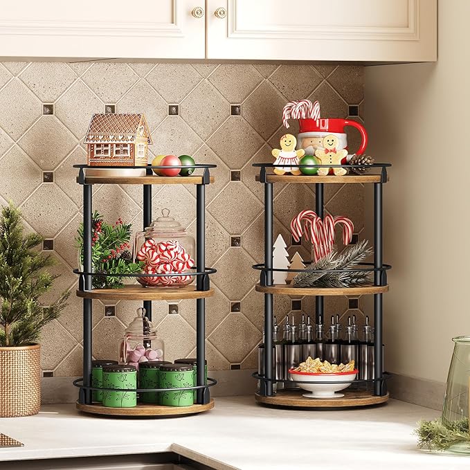 YATINEY Spice Rack, Set of 2 Lazy Susan Organizer, 3-Tier Turntable Organizer For Cabinet, Compact and Versatile, for Kitchen Countertop, Rustic Brown SR23L2BR