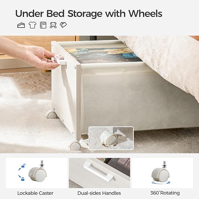 Under Bed Storage with Wheels, Wooden Under Bed Drawers On Wheels, Rolling Under Bed Shoe Storage, Space Saving,White,Quadruple Size,90L