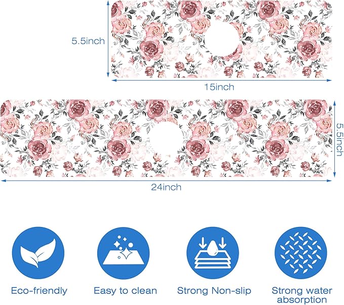 Pink Rose Floral Kitchen Sink Splash Guard Mat Absorbent Fast Drying Mat Faucet Draining Mat Sink Splash Guard Behind Faucet Drip Catcher for Kitchen Bathroom 5.5"×24"