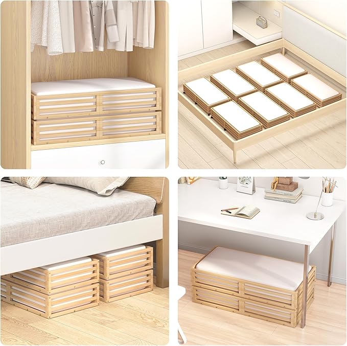 Bamboo Under Bed Storage Containers- Underbed Organizer with Wheels with Large Capacity Dust Bag,Sturdy Wood Rolling Under Bed Shoe Storage Organizer 2 Packs (Nature, 2 Packs (33.07"×16.54"))