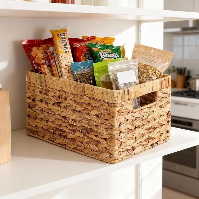 Water Hyacinth Woven Storage Baskets, Set of 4 Wicker Baskets for Organizing with Built-In Handles, Handwoven Rectangular Shelf Bins for Pantry, Bathroom, Kitchen, Closet (13 x 8.25 x 7 in)