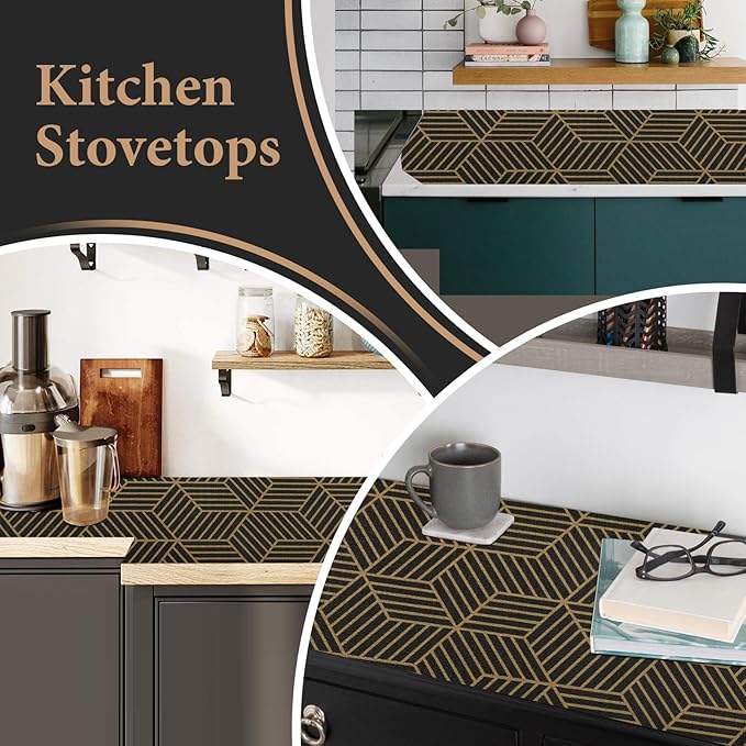 Shelf Liners for Kitchen Cabinets 12in x 30FT, Non Adhesive Cabinet Liner Strong Non-Slip Black Gold Geometric Drawer Liner, Easy to Clean for Shelf, Cabinet with Knife and Tape Measure