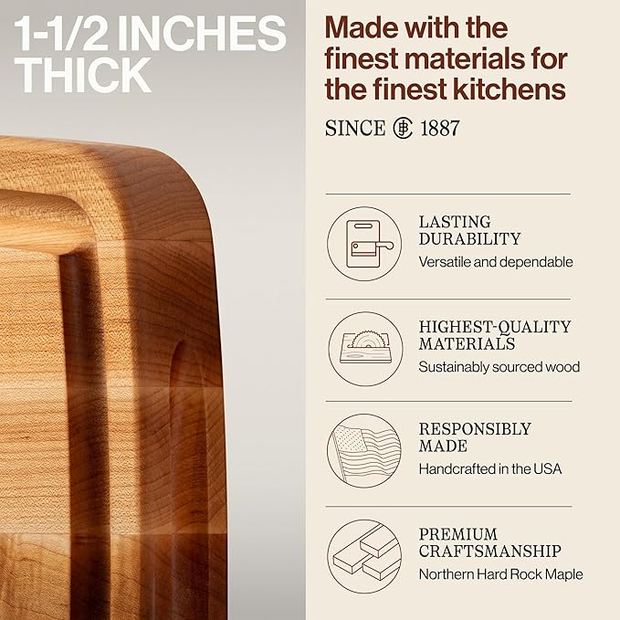 John Boos CB Series Rectangular Wooden Maple Cutting Board 18”x10.5” – 1.5” Thick, 8-lb Reversible Butcher Block with Rounded Edges, Juice Groove, Edge-Grain & Finger Grips – Made in the USA
