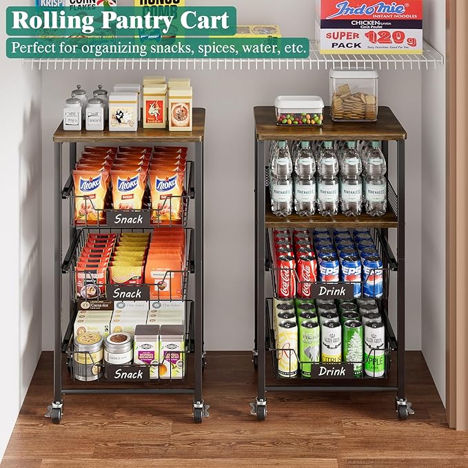 Giwil Vegetable Fruit Basket for Kitchen Pantry Organizers Storage, 4-Tier Utility Rolling Cart on Wheels with Wood Top and Drawer Wire Baskets for Onions Potatoes Snacks, Black