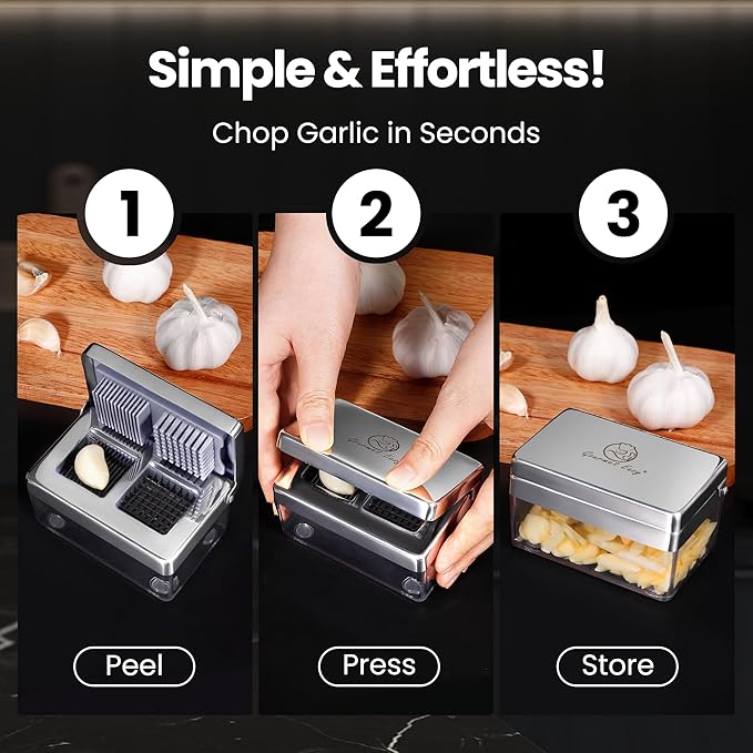 Garlic Press Stainless Steel, Garlic Chopper Mini & Slicer Super Thin 2 in 1, Odor Free Ginger Dicer with Storage Container, Dishwasher Safe Mini Chopper, Premium Mincer with 5 Year Warranty