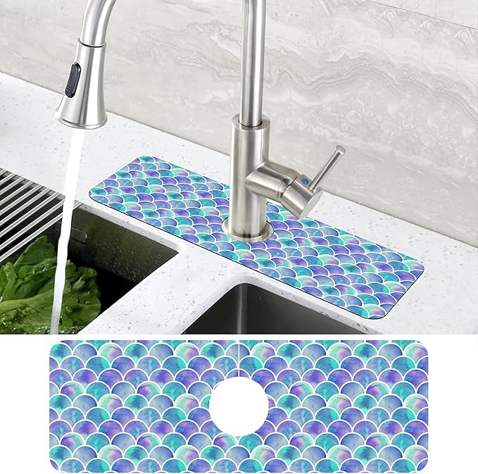 Watercolor Rainbow Scales Sink Faucet Absorbing Mat Sink Splash Guard Faucet Mat Draining Mat Fast Drying Sink Protectors for Kitchen and Bathroom 5.5"×15"
