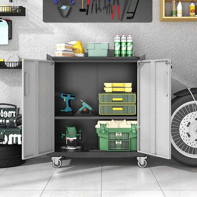 BIZOEIRON Metal Storage Cabinet with Wheels, Rolling Tool Cabinet with Doors and Shelves, Lockable Garage Storage Cabinet, Assembly Required (Black & Grey)