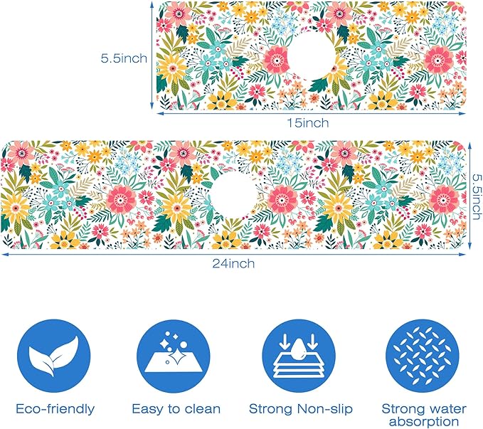 Colorful Floral Leaves Berries Kitchen Sink Splash Guard Mat Absorbent Fast Drying Faucet Draining Mat Behind Faucet Drip Catcher for Kitchen Bathroom 5.5"24