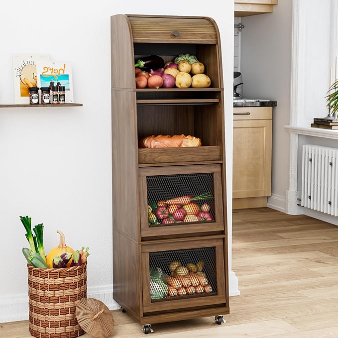 4 Tier Large Potato Storage Bin, Tall Wood Potato and Onion Storage Bin with Wheel, Movable Fruit and Vegetable Basket, Food Small Kitchen Pantry Cabinet, Wooden Bread Box, Walnut, Sliding Door