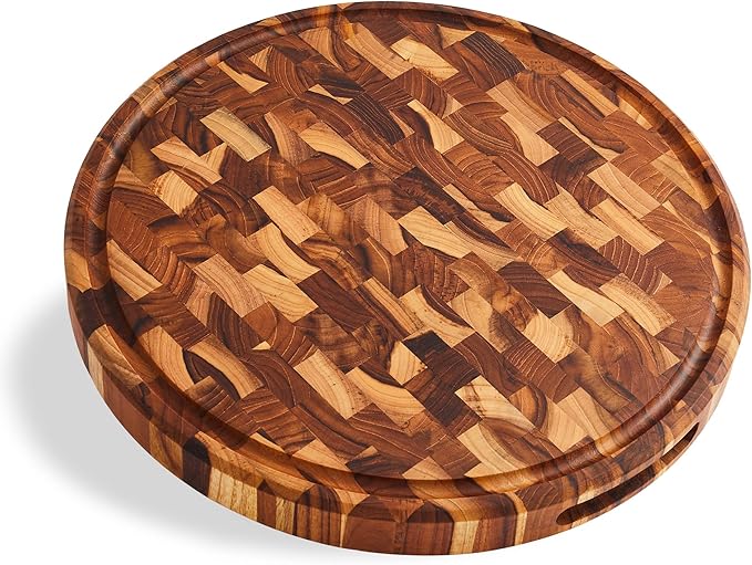 Sonder Los Angeles Vincent Round Cutting Board | Teak Edge Grain Cutting Board for Kitchen with Juice Groove | Perfect for Pizza & Charcuterie | Gift Box Included | 15x15x1.5 in