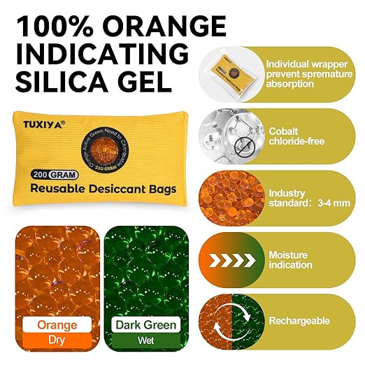 12Pack (200g Each) Rechargeable Silica Gel Desiccant Packets,Color-Indicating Desiccant Packs for Storage.Moisture Absorbers for Storage Bins,Suitcases,Safe,3D Filaments,Wet Zones and Cars