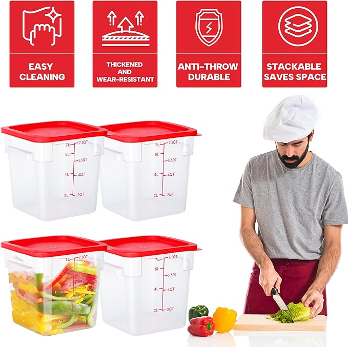 BIEAMA 4 Pack Food Storage Containers, 8 Quart with Lids, Square Commercial Containers with Scale, NSF, Polycarbonate, Clear