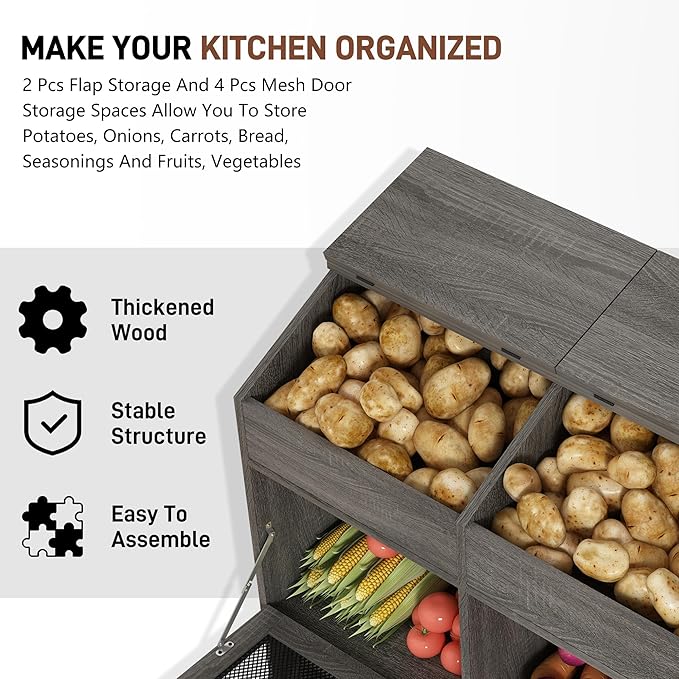Large Wood Bread Box for Potato,Onion.Veggie Bin W/6 Large Storage Box.Root Vegetable Storage Box For Kitchen,Farmhouse Potato Storage Bin W/4 Mesh Doors,Bread Keeper for Toast,Bagel,Donut,Cookies