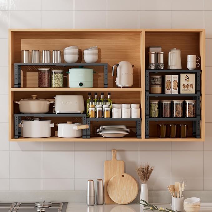Asiingkel Metal Stackable Expandable Storage Shelf - Multi-Functional Home Storage Shelf, Suitable for Kitchen, Cabinet，Bathroom, Office, Garage, etc.（1PACK/Black/Medium