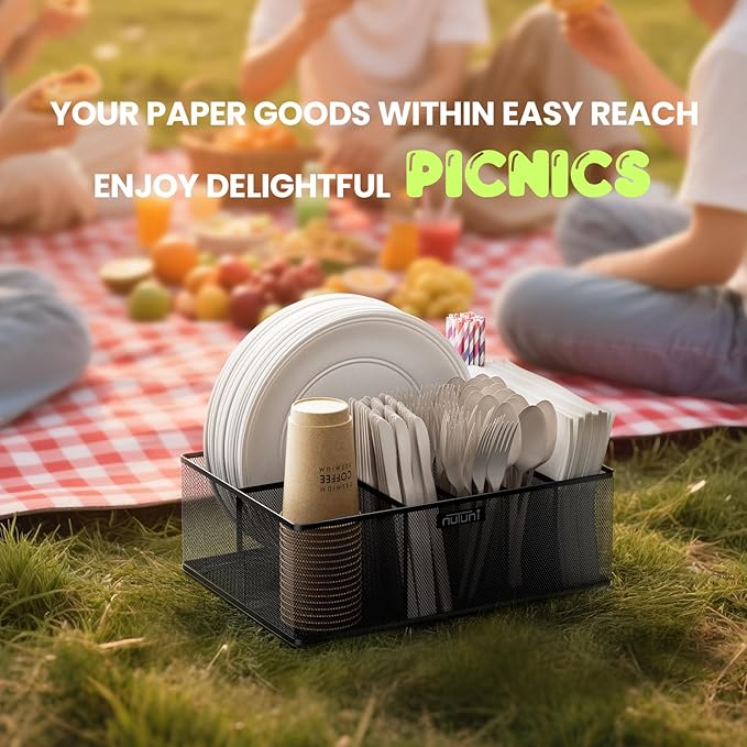 NUTUNI Paper Plate Organizer for Countertop, Metal Silverware Caddy for Plastic Spoon, Napkin, Utensils Holder with 6 Compartments for Party, Camping, Picnic, BBQ