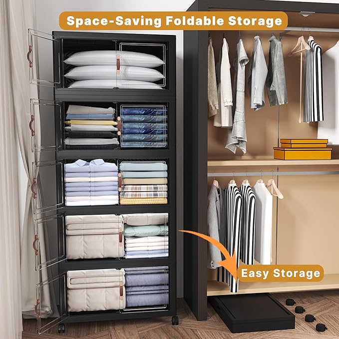 Extra Large Stackable Storage Bins with Lids & Wheels, 275QT-55QT/14GAL*5Pack Foldable Collapsible Closet Organizers Dark Storage Cabinet with Doors for Bedroom Dorm