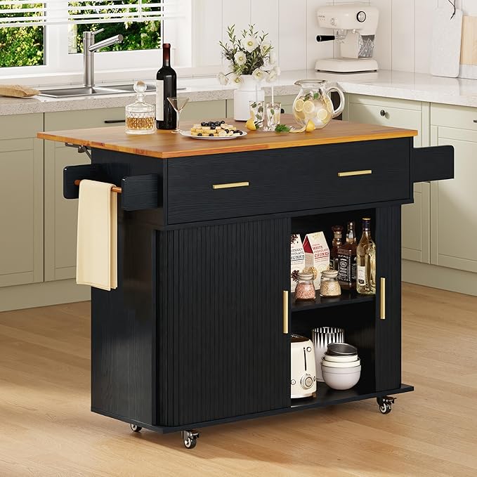 DHH Rolling Kitchen Island with Drop Leaf Countertop&Ample Storage - 39.4" Small Mobile Kitchen Cart On Wheels with Sliding Door,Drawers,Spice Rack & 2-Tier Storage (Black)