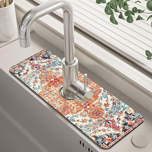 Oriental Turkish Carpet Pattern Red Dish Drying Mat for Kitchen Sink Splash Guard Behind Faucet Sink Mat Absorbent Fast Drying Faucet Draining Mat for Bathroom Kitchen 5.5"×15"