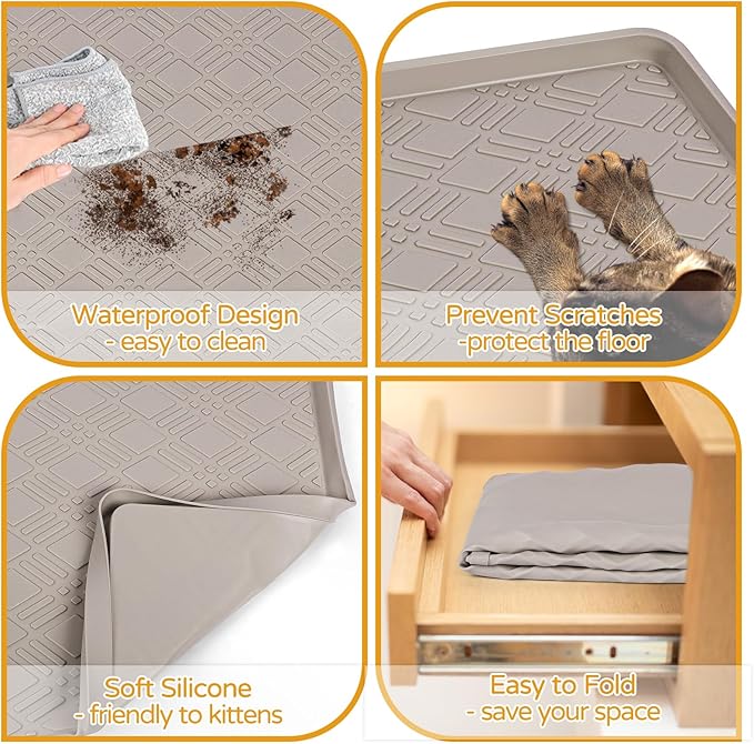 Lanstics Cat Food Mat, 42" x 29" Large Silicone Mat Cat Feeding Mat with Raised Edge Non-Slip Pet Feeding Mat for Food and Water Bowl, Easy to Clean, Floor Protection (Beige)
