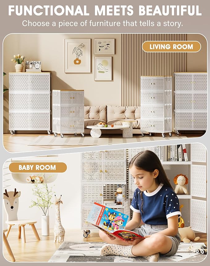 4 Tier Metal Storage Cabinet with wheels, Storage Bins with Magnetic Doors, Storage Cart for Living Room, Bedroom, Bathroom, Laundry, Kitchen