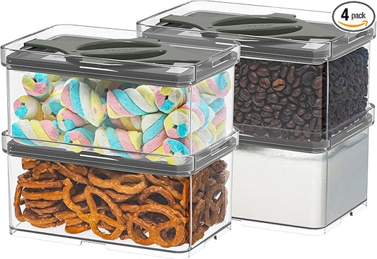 4-Pack Small Pantry Containers, 0.8 QT/0.76 L Clear SAN Food Storage Canisters with Twist-Lock Lids, Stackable for Sugar, Tea Bags, Seasoning, Nuts, Snacks (Black)