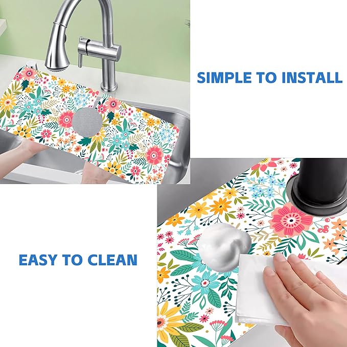 Colorful Floral Leaves Berries Kitchen Sink Splash Guard Mat Absorbent Fast Drying Mat Faucet Draining Mat Sink Splash Guard Behind Faucet Drip Catcher for Kitchen Bathroom 5.5"×15"