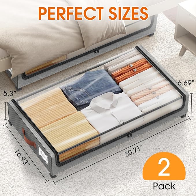 Under Bed Storage with Wheels 2Pack Underbed Storage with Clear Window&Label Under Bed Drawers Large Capacity Rolling Under Bed Storage for Clothes,Shoes, Blankets (Light Grey)