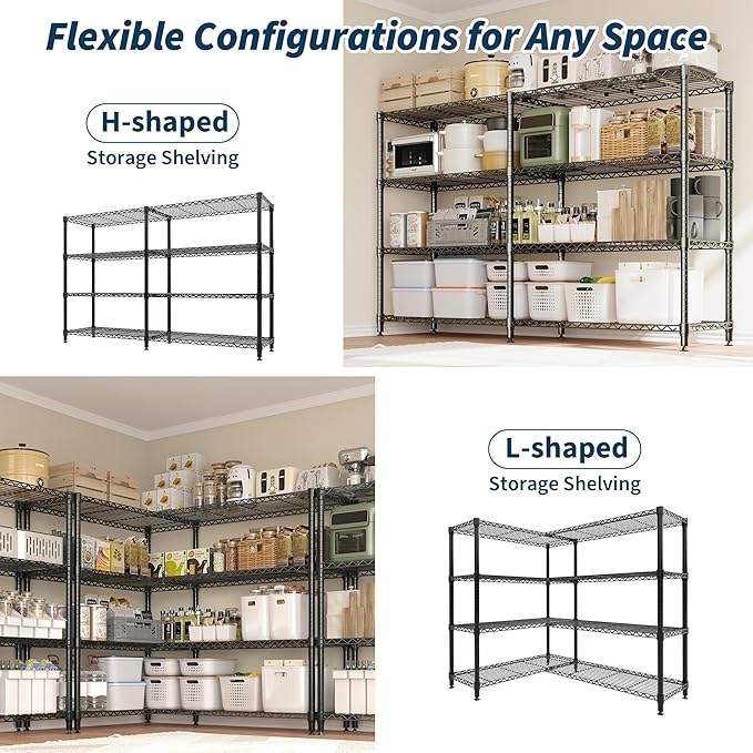 Garvee 70.8" W Storage Shelves Metal Shelving Unit, 4-Tier Heavy Duty Wire Shelving L-Shaped Storage Rack with Adjustable Shelf for Pantry Kitchen Corner Bedroom, 1100 LBS Capacity