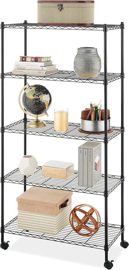 Whitmor 5 Tier Supreme Shelving Unit, Metal Storage Shelves, Adjustable Heavy Duty Shelf with Wheels, 400 lbs Capacity per Shelf, 2000 lbs Total for Pantry, Garage, Kitchen, Black
