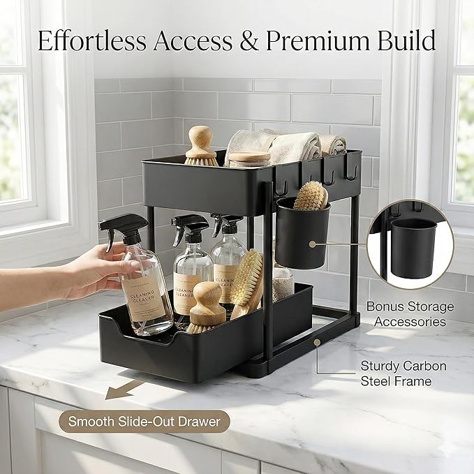 Under Sink Organizer – 2 Tier Sliding cabinet organizer with 4 Hooks & 1 Cup | Multi-Purpose Space Saving Shelf for under kitchen sink storage, Countertop, Bathroom, Pantry & Office Organization