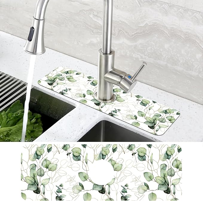 Watercolor Gold Eucalyptus Branch Dish Drying Mat for Kitchen Sink Splash Guard Behind Faucet Sink Mat Absorbent Fast Drying Faucet Draining Mat for Bathroom Kitchen 5.5"×15"