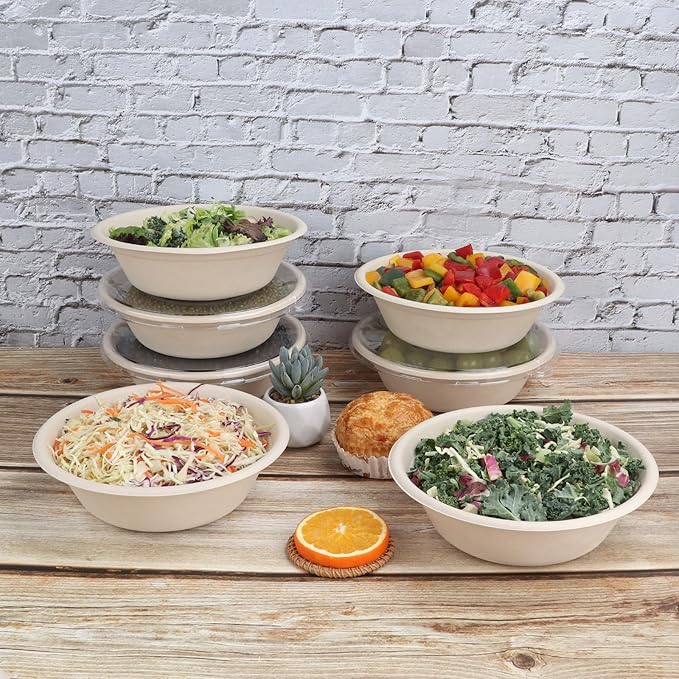 JAYEEY 32 oz Round Disposable bowls with lids,Sugarcane Paper Bowls take away food containers Plant Fibers Freezer Safe 50 Pack