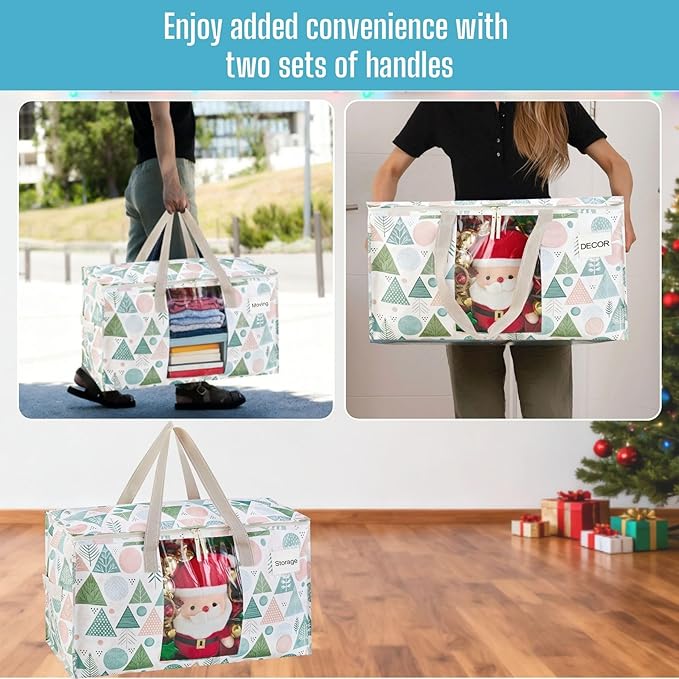 VENO 4 Pack Moving Bags, Large Christmas Storage Bins with lids, Packing Supplies for College, Alternative to Moving Boxes, Foldable, Heavy-Duty Tote, Christmas Pattern (Pastel Forest, 4 Pack)