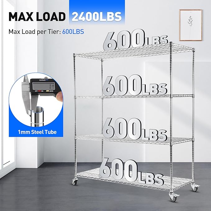 Rengue 60"x 24"x72"Wire Shelving with Wheels, 4-Tier Heavy Duty Garage Storage Shelves, Chrome 2400LBS Capacity Wire Shelf Rack, Silver