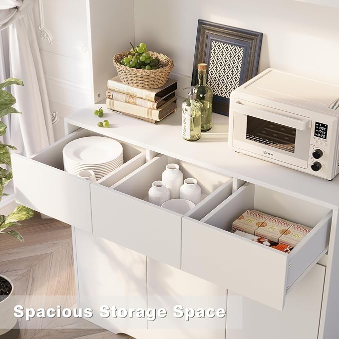 71" Pantry Cabinet with Charging Station and LED Lights, Tall Kitchen Pantry Storage Cabinet with Microwave Stand, Modern Hutch with Storage Drawers for Dining Room, Living Room (Milk White)