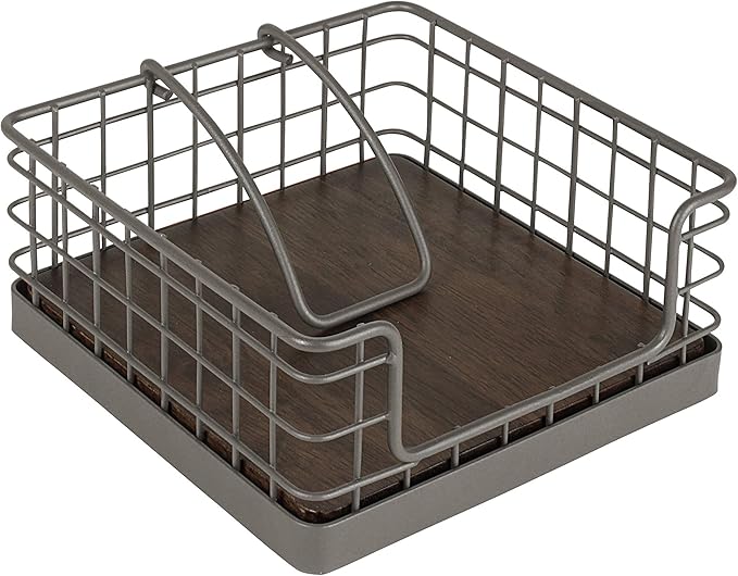 Spectrum Madison Farmhouse Weighted Napkin Holder with Tension Arm for Kitchen Countertop & Dining Room Table Decor, Rustic Style Sturdy Steel Wood and Metal Napkin Dispenser, Industrial Gray